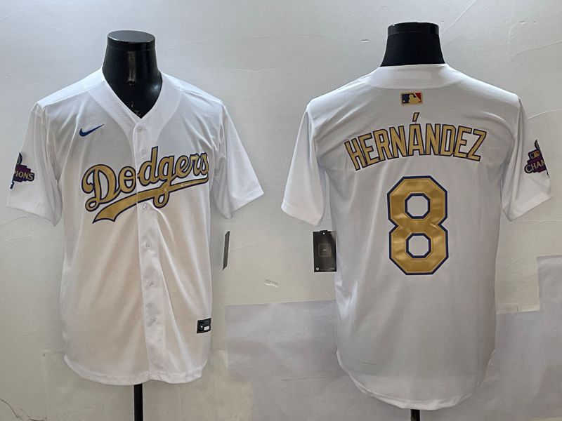 Men Los Angeles Dodgers #8 Hernandez White Champion gold character 2025 Nike MLB Jersey style 6
